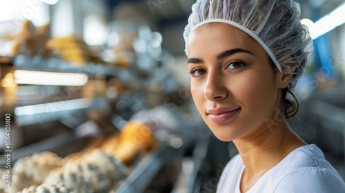 A focused food processing plant worker ensuring the quality of packaged foods before they leave the production line photo