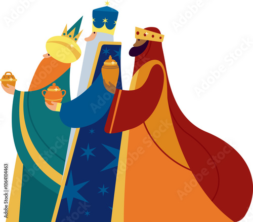 Three Wise Men. Epiphany celebration. Traditional Spanish Three Kings Day. Isolated flat vector characters