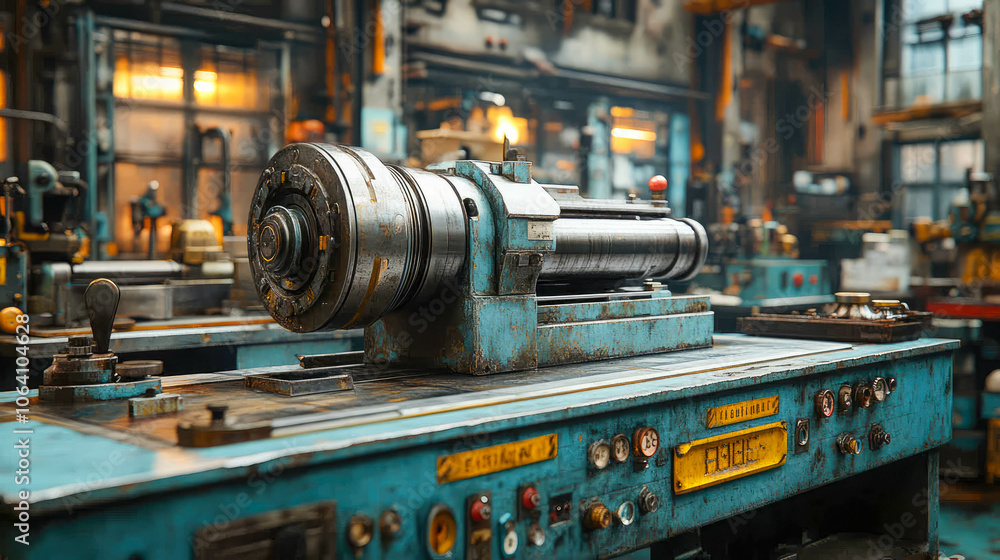 A detailed lathe machine in an industrial workshop, showcasing classic machinery with various control buttons and levers A detailed lathe machine in an industrial workshop, showcasing classic machinery with various control buttons and levers