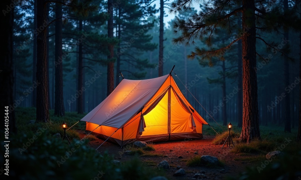 A cozy camping scene features a warmly lit tent nestled in a serene forest, surrounded by tall trees and a tranquil atmosphere, creating an inviting ambiance for outdoor adventures A cozy camping scene features a warmly lit tent nestled in a serene forest, surrounded by tall trees and a tranquil atmosphere, creating an inviting ambiance for outdoor adventures