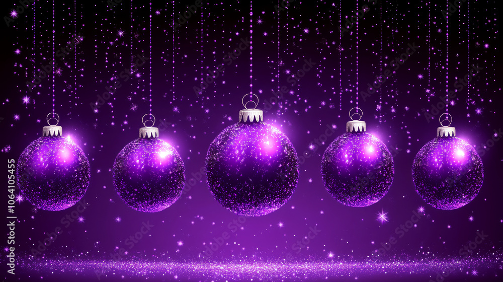 Obraz premium Five purple glittery ornaments hang in a row amidst sparkling lights. Concept winter festive decoration.