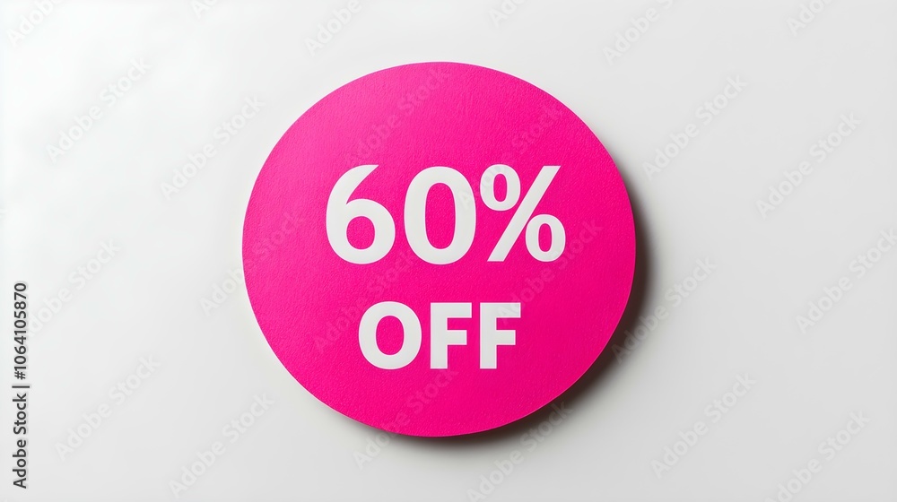 White '60% OFF' Text on a Hot Pink Round Paper Note. White Background with Copy Space White '60% OFF' Text on a Hot Pink Round Paper Note. White Background with Copy Space