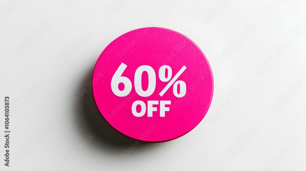 White '60% OFF' Text on a Hot Pink Round Paper Note. White Background with Copy Space White '60% OFF' Text on a Hot Pink Round Paper Note. White Background with Copy Space
