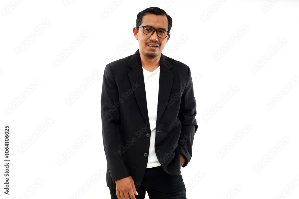 Portrait of smiling Asian man in semi formal suit standing with one hand in pocket. Portrait of smiling Asian man in semi formal suit standing with one hand in pocket.