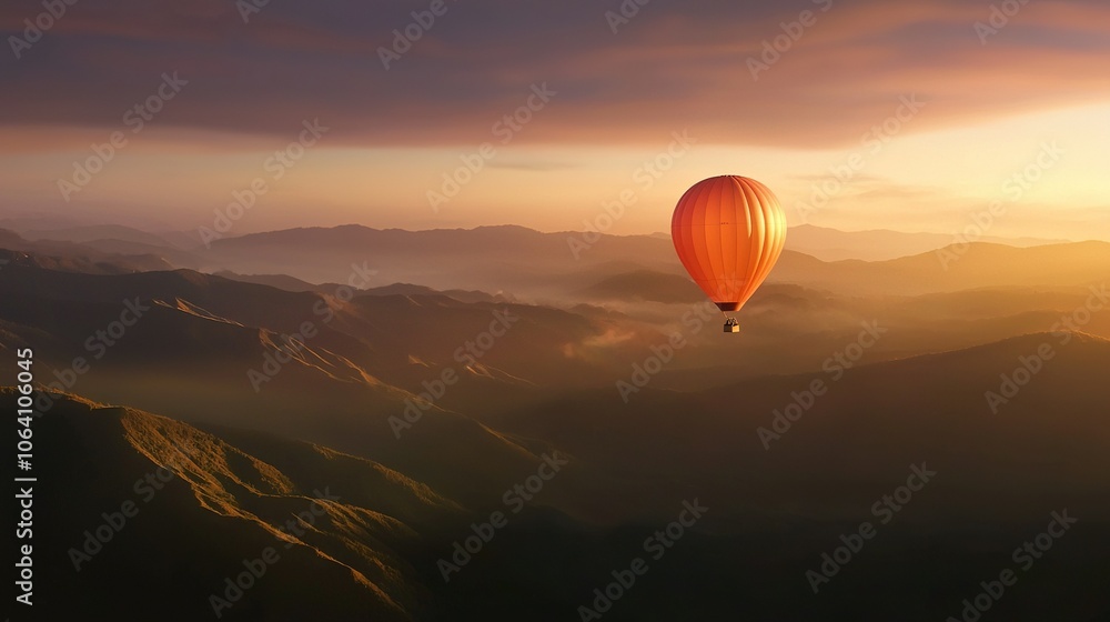Obraz premium Hot air balloon soars above mountain range at sunset, valley view below