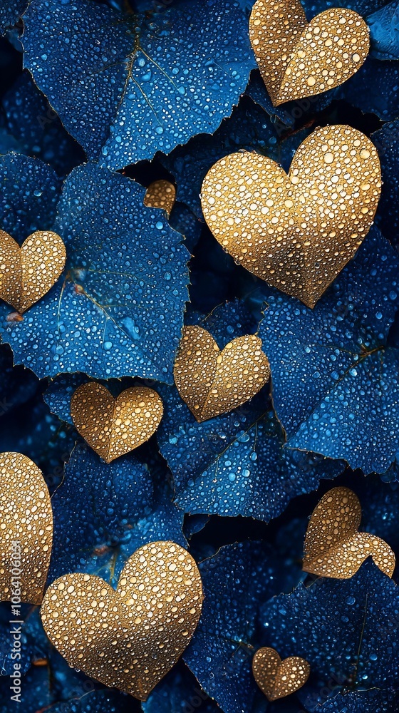Obraz premium Heart-shaped leaves with dewdrops present an enchanting aesthetic, blending vibrant blue and golden hues into a captivating visual that highlights nature's appeal and artistic charm.