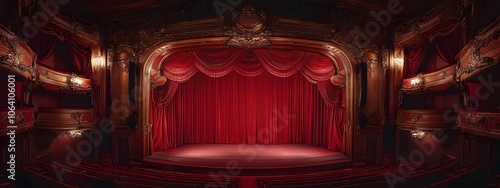 Red stage curtain with spotlight and ornate decoration on a theater background. Colorful red velvet curtains with golden details for a classical opera or musical performance