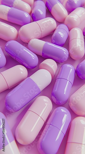 Colorful collection of pink and purple capsules displayed in a scattered pattern, showcasing a vivid and glossy pharmaceutical theme with a modern aesthetic. photo