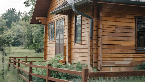 Cozy wooden house with a rustic design  surrounded by lush greenery and a wooden fence  set in a tranquil rural landscape. Perfect for a peaceful getaway or nature retreat.