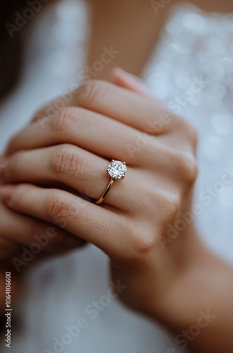 A closeup of a woman's hand adorned with a stunning solitaire diamond engagement ring, offering an elegant display against a blurred floral background. The image captures the essence of romance.