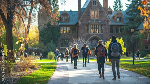 Students walk on a pathway through a college campus on a sunny day in the fall.
