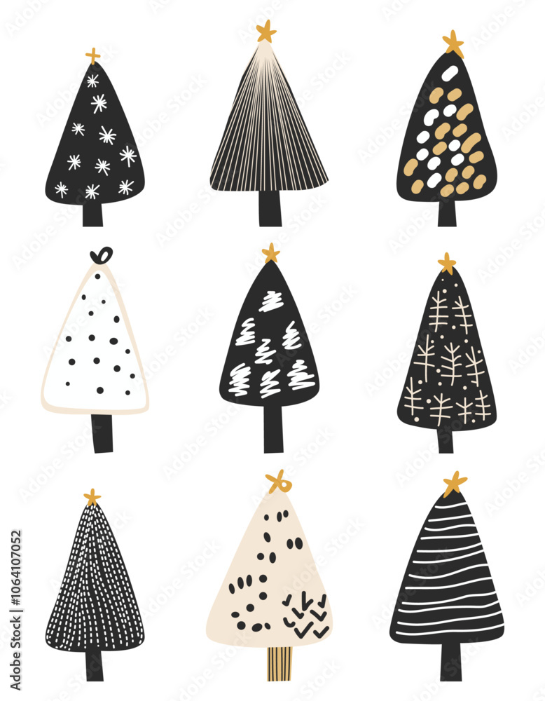 Set of minimalist Christmas trees in unique shapes, black, white, beige and yellow color palette, vector illustration Set of minimalist Christmas trees in unique shapes, black, white, beige and yellow color palette, vector illustration