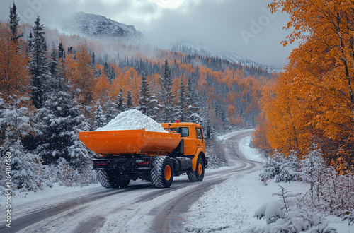 Orange salt spreader on snowy mountain road during fall photo