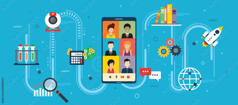 Vector graphic illustration of icon set with concept of virtual meeting in video call on a smartphone, live streaming, online education, remote learning and virtual collaboration. Vector graphic illustration of icon set with concept of virtual meeting in video call on a smartphone, live streaming, online education, remote learning and virtual collaboration.
