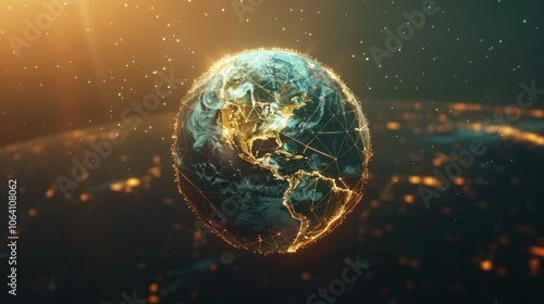 A digital rendering of the Earth, with a glowing, golden, wireframe outline representing global connectivity.