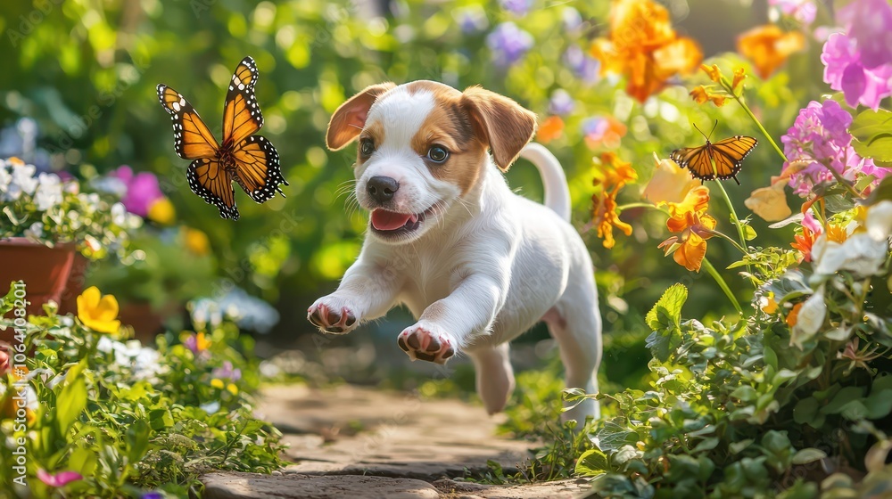 A playful puppy chasing after a butterfly in a garden A playful puppy chasing after a butterfly in a garden
