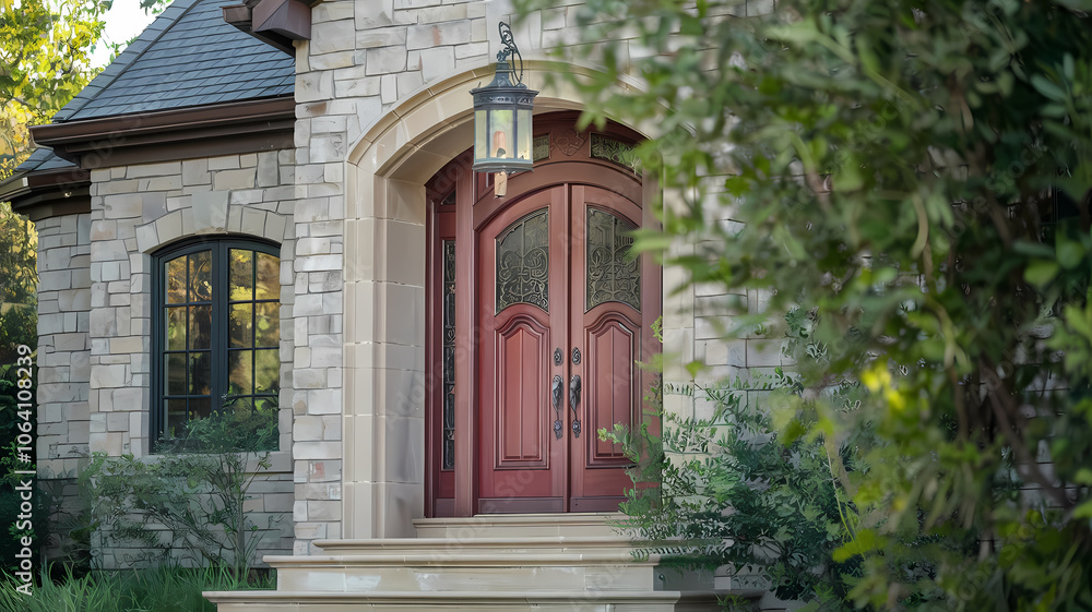 Elegant entrance featuring a pair of rich wooden double doors with decorative glass, framed by stone architecture and lush greenery, creating a welcoming home ambiance. Elegant entrance featuring a pair of rich wooden double doors with decorative glass, framed by stone architecture and lush greenery, creating a welcoming home ambiance.