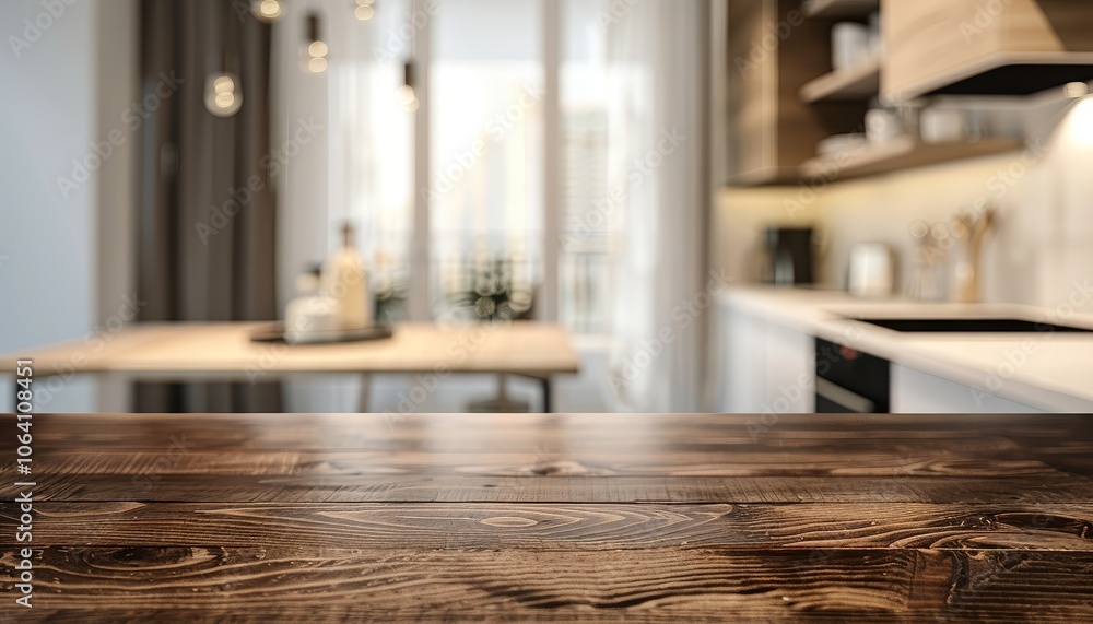 Close-up of a wooden table top with a blurred kitchen background. Close-up of a wooden table top with a blurred kitchen background.