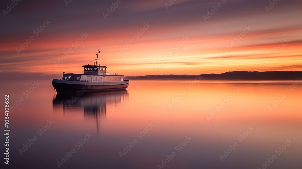 A small boat sits alone on a calm lake at sunset, with the sky ablaze in orange and pink hues. The water is still and reflects the sky perfectly. A small boat sits alone on a calm lake at sunset, with the sky ablaze in orange and pink hues. The water is still and reflects the sky perfectly.
