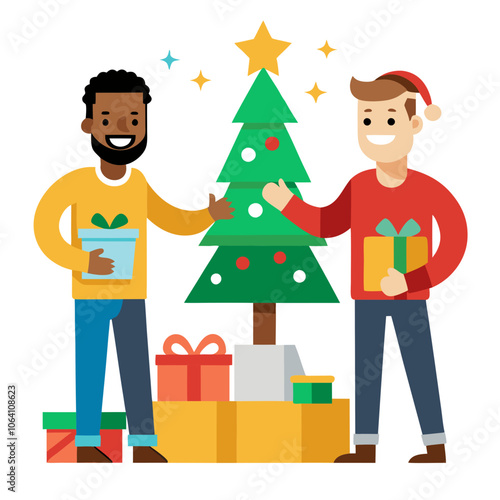 Two guys are decorating a Christmas tree with toys and smiling. Vector illustration in minimalistic style