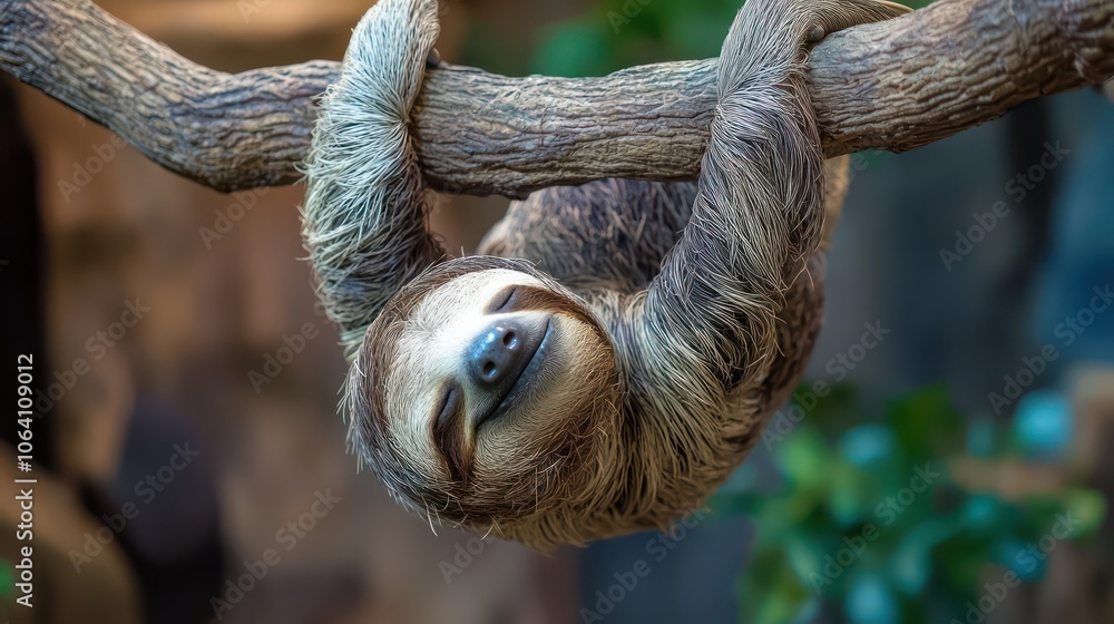 A sleepy sloth hanging upside down from a tree branch A sleepy sloth hanging upside down from a tree branch