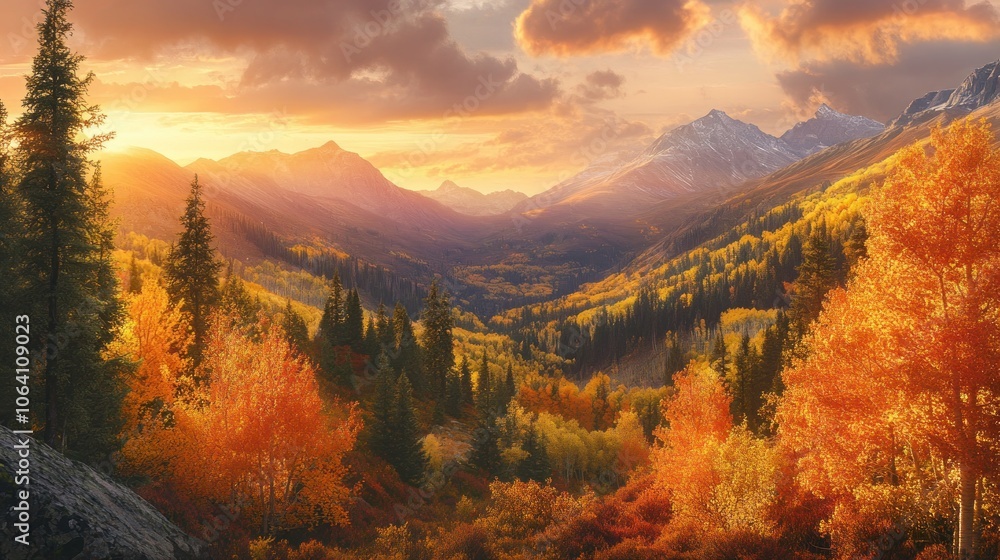 A breathtaking panorama of a mountain valley, with fiery red and golden trees against a backdrop of snow-capped peaks and a dramatic sunset sky. A breathtaking panorama of a mountain valley, with fiery red and golden trees against a backdrop of snow-capped peaks and a dramatic sunset sky.