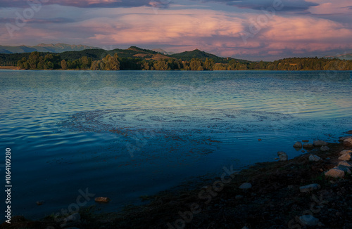 atardecer en lago con espiral hojas