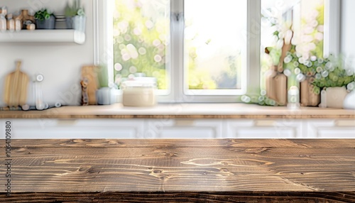 Empty wooden tabletop in front of a window with blurred kitchen background.