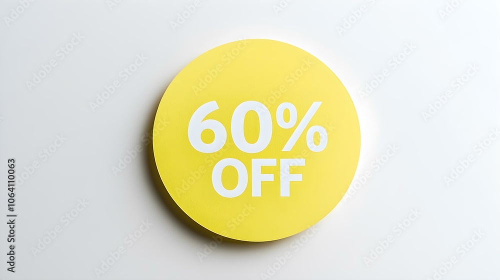 White '60% OFF' Text on a Light Yellow Round Paper Note. White Background with Copy Space White '60% OFF' Text on a Light Yellow Round Paper Note. White Background with Copy Space