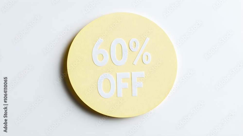 White '60% OFF' Text on a Light Yellow Round Paper Note. White Background with Copy Space White '60% OFF' Text on a Light Yellow Round Paper Note. White Background with Copy Space