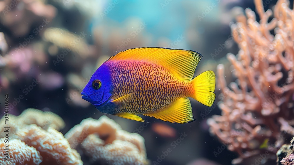 A vibrant tropical fish swimming among corals A vibrant tropical fish swimming among corals