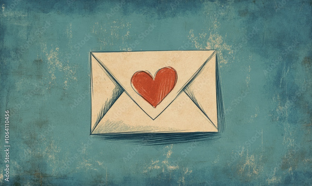 A flat, stylized envelope sealed with a heart, hinting at a love letter, drawn simply on a textured paper background A flat, stylized envelope sealed with a heart, hinting at a love letter, drawn simply on a textured paper background