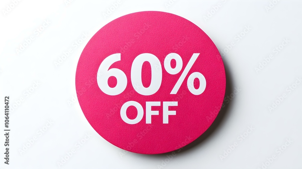 White '60% OFF' Text on a Magenta Round Paper Note. White Background with Copy Space White '60% OFF' Text on a Magenta Round Paper Note. White Background with Copy Space