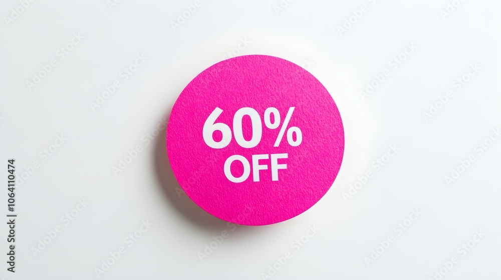 White '60% OFF' Text on a Magenta Round Paper Note. White Background with Copy Space White '60% OFF' Text on a Magenta Round Paper Note. White Background with Copy Space