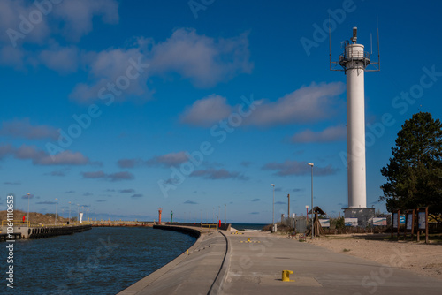 Leba, Poland 04 17 2024: Port entrance in Leba. Baltic Sea, Poland