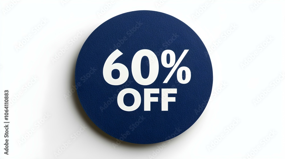 White '60% OFF' Text on a Navy Blue Round Paper Note. White Background with Copy Space White '60% OFF' Text on a Navy Blue Round Paper Note. White Background with Copy Space