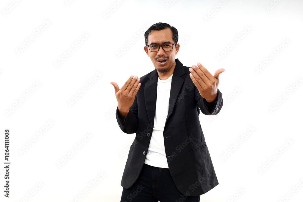 Photo of young cheerful asian businessman happy positive smile show hands come welcome sign isolated over white background Photo of young cheerful asian businessman happy positive smile show hands come welcome sign isolated over white background