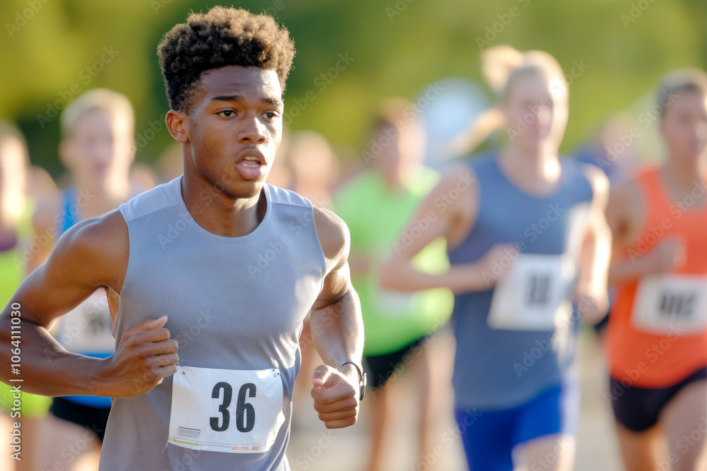 Young Runner in Outdoor Marathon with Focused Expression Young Runner in Outdoor Marathon with Focused Expression