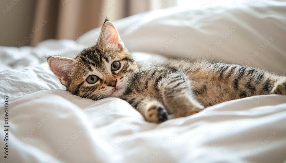 Adorable kitten resting on bed, waiting for a new home Adorable kitten resting on bed, waiting for a new home