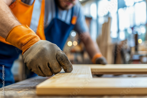 Carpenter Working on Wooden Frame with Gloved Hands