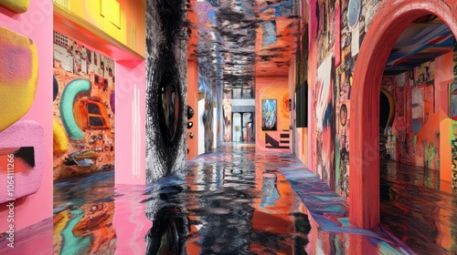 A vibrant, colorful hallway with a reflective floor, showcasing abstract artwork and a distorted ceiling.