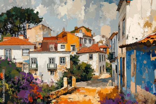 A colorful painting of a quaint village with white and orange buildings, green trees, and a cobblestone street
