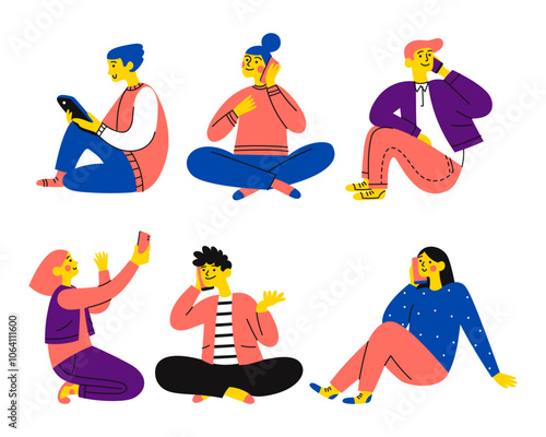 Set of abstract people, calling a friend or family, communication via smartphones and gadgets. Vector flat illustration
