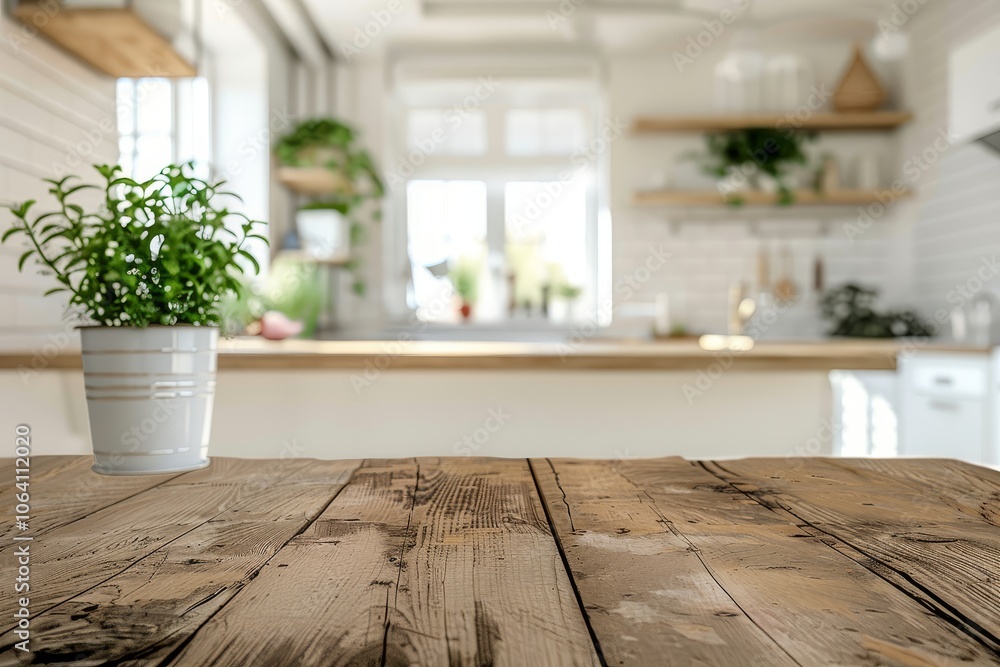 Rustic wooden table with a potted plant in the foreground, with a blurred background of a modern kitchen. Rustic wooden table with a potted plant in the foreground, with a blurred background of a modern kitchen.