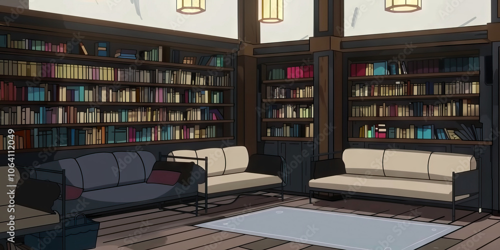Fototapeta premium Cozy Library Nook: A quiet, intimate space filled with bookshelves and plush seating, perfect for relaxation and deep focus work.