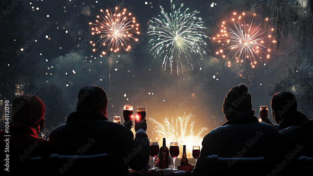 Friends watching fireworks toasting at New Year’s Eve Friends watching fireworks toasting at New Year’s Eve