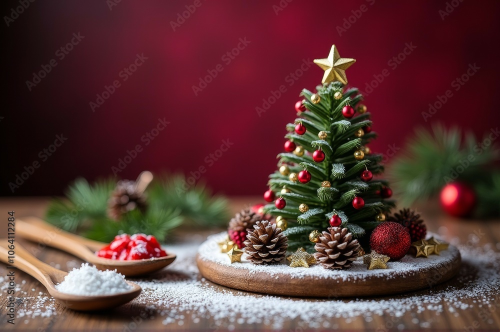 Festive christmas tree with decorative ornaments in a holiday setting for seasonal design Festive christmas tree with decorative ornaments in a holiday setting for seasonal design