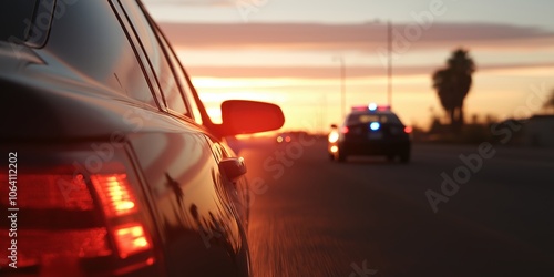 A police car with lights passing another car at speed during a summer sunset  photo