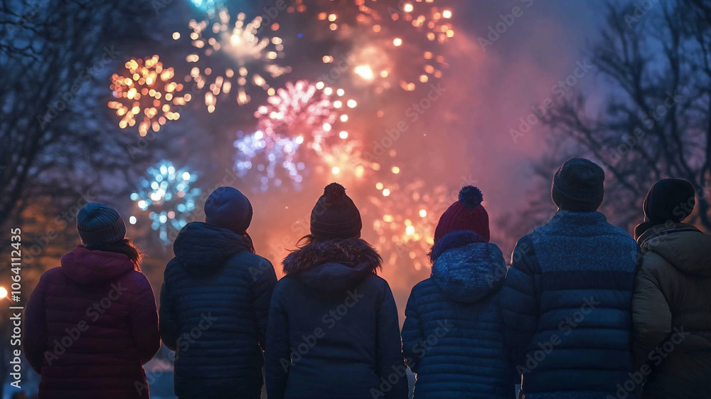 Group of friends watching New Year’s display in at the park cheering during New Year’s countdown Group of friends watching New Year’s display in at the park cheering during New Year’s countdown