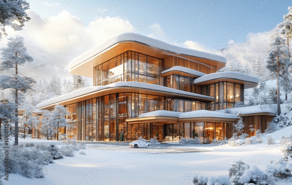 Luxurious ski resort surrounded by snowy mountains and trees Luxurious ski resort surrounded by snowy mountains and trees